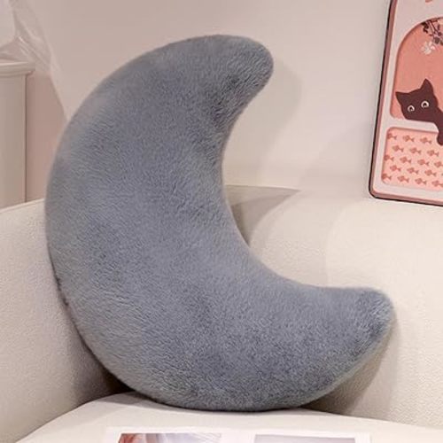 Cute Moon Shaped Pillow for Couch Sofa Bed Decor Soft Plush Moon Decorative Throw Pillow Fluffy Plush Floor Cushion for Bedroom Livingroom Office Nap Pillow (Grey,15.7 * 19.7in)