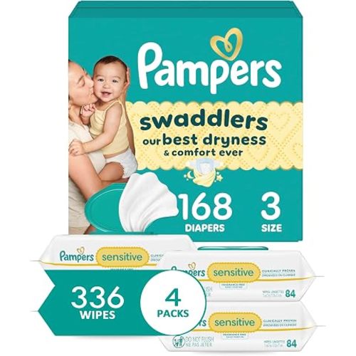 Diapers Size 3, 168 Count and Baby Wipes - Pampers Swaddlers Disposable Baby Diapers and Water Baby Wipes Sensitive Pop-Top Packs, 336 Count (Packaging May Vary)