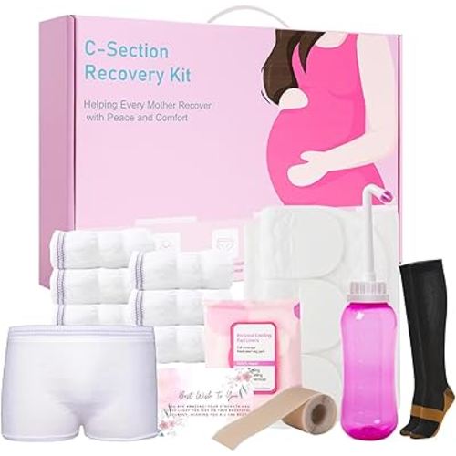 C Section Recovery Must Haves Kit - Peri Bottle,Disposable Mesh Underwears,Witch Hazel Pad Liners,Silicone Scar Patches, Abdominal Belly Binder,Socks,C-Section Recovery Essentials Kit