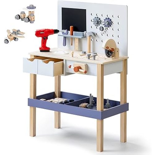 Wooden Kids Tool Bench with Electric Drill, Toddler Tool Bench with Storage Drawers and Platform, Toy Workbench Workshop with Play Tools Set for Boys and Girls, Perfect for Ages 3+