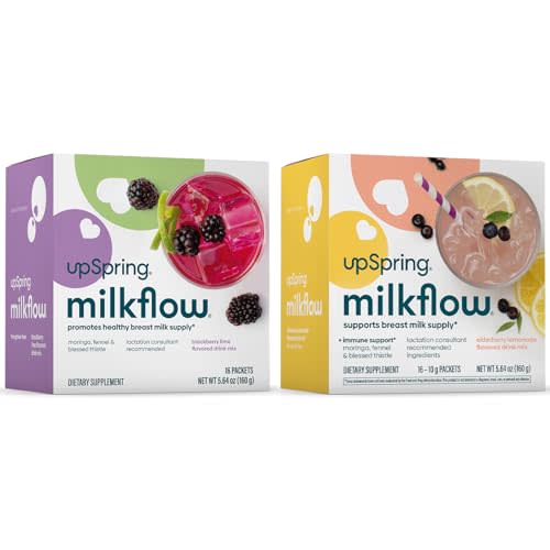UpSpring Milkflow Breastfeeding Supplement Drink Mixes, No Fenugreek, Moringa | BlackBerry Lime & Elderberry Lemonade Flavors | Lactation Support Drinks to Boost Milk Supply | 2 Pack