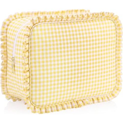 Yellow Gingham Ruffle Makeup Bag 10 x 8 x 4.5 Inches Large Ruffle Pouch Travel Cute Checkered Cosmetic Toiletry Bag with Zipper for Women Girls, Toiletry Pouch Make up Organizer Gift