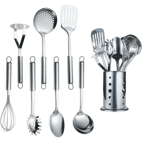 Berglander Cooking Utensil Set 8 Piece, Stainless Steel Kitchen Tool Set with Stand,Cooking Utensils, Slotted Tuner, Ladle, Skimmer, Serving Spoon, Pasta Server,Potato Maseher, Egg Whisk. (8 Pieces)