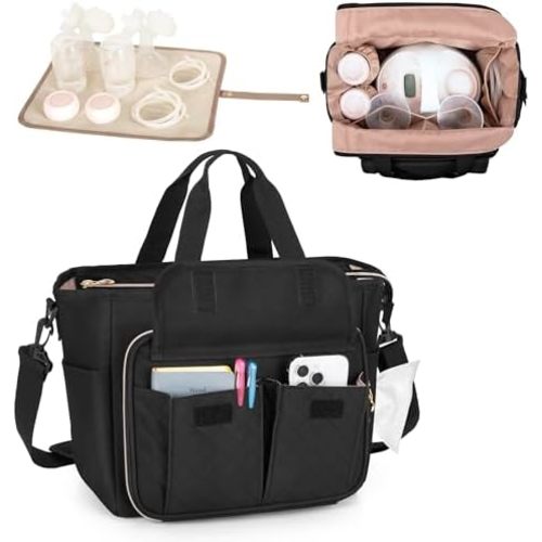 LUXJA Breast Pump Bag Compatible with Spectra S1 and S2 (with a Waterproof Mat), Pumping Bag for Breast Pump and Extra Parts, Black