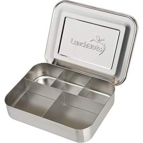 LunchBots Large Cinco Stainless Steel Lunch Container - Five Section Design Holds a Variety of Foods - Metal Bento Box - Dishwasher Safe - Stainless Lid - Stainless Steel
