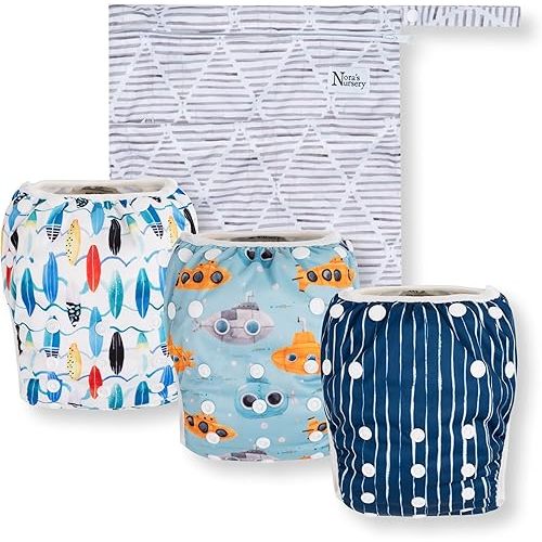 Reusable Swim Diapers and Wet Bag - One Size Fully Adjustable - Seaside Unisex 3 Pack with Wet Bag by Nora's Nursery