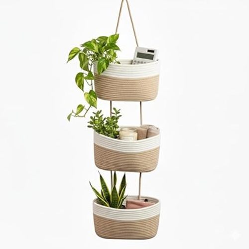 Hanging Wall Basket, Over the Door Hanging Basket with Hooks, 3-Tier Cotton Hanging Basket for Organizing, Decorative Boho Chic Decor for Wall, Bedroom, Living Room, Nursery, Whte & Jute