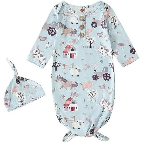 AMAWMW Newborn Baby Boys Girls Cartoon Sleeper Gown Long Sleeve Mountain Nightgown Hat Outfits