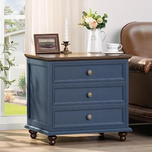 Joaxswe 24" Wide Farmhouse Night Stand,Large End Table with 3 Drawers & Metal Handle,Navy Blue Dresser for Bedroom, Wood Bed Side Table Chest of Drawers, Nightstand Cabinet for Living Room,Closet