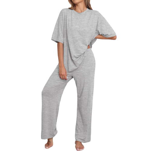 MINTREUS Lounge Sets for Women Knit Short Sleeve Tops and Long Pants Soft Comfy Pajamas Set Oversized 2 Piece Outfits