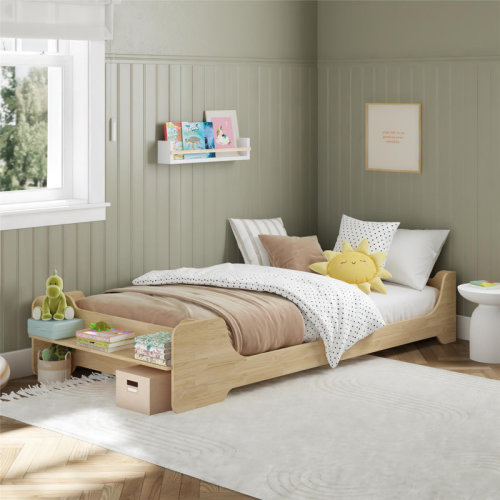Max & Finn Murdock Kids Twin Montessori Floor Bed with 2 Heights and Shelf | Wayfair