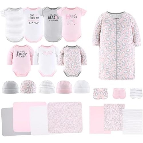 The Peanutshell Baby Layette Gift Set for Baby Girls - 23 Piece New Born Girl Gift Set, Clothes & Newborn Essentials Must Haves - Girl Clothes 0-3 Months - Pink & Grey