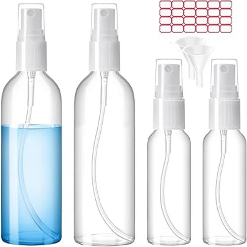 Spray Bottles, 2oz/50ml, 3.4oz/100ml Clear Empty Fine Mist Plastic Mini Travel Bottle Set, Small Refillable Liquid Containers with 2pcs Funnels and 24pcs Labels (4 Pack)