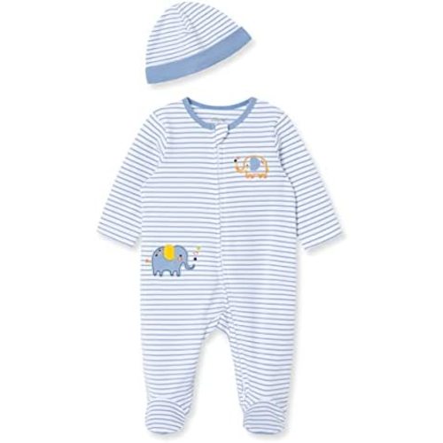 Little Me Baby Boy Clothes 2-Piece Baby Sleeper and Cap Set, 100% Cotton Footies Baby Essentials, Preemie to 9 Months