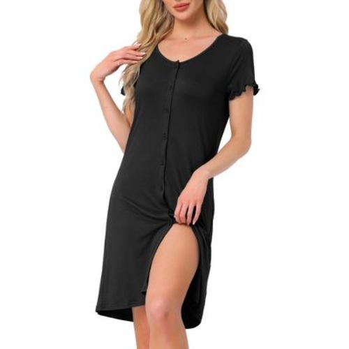 INSPIRE CHIC Women's Short Sleeve Button Down Crewneck Night Dress