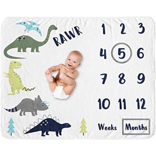 Sweet Jojo Designs Mod Dino Boy Milestone Blanket Monthly Newborn First Year Growth Mat Baby Shower Memory Keepsake Gift Picture - Blue, Green and Grey Modern Dinosaur Rawr