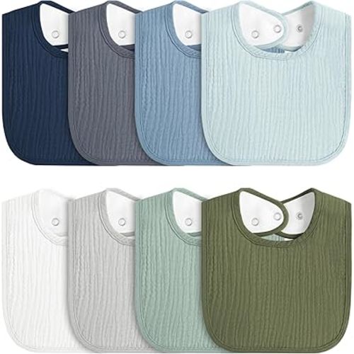 8-Pack Baby Muslin Bibs, Soft Cotton Drool Bibs for Boys Girls, Adjustable and Absorbent Newborn Bib Set for Feeding and Drooling