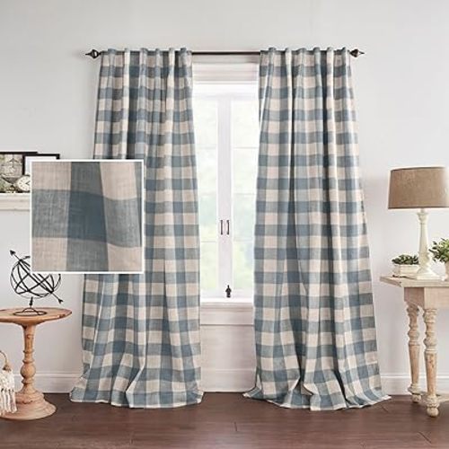 Elrene Home Fashions Farmhouse Living Grainger Buffalo-Check Blackout Window Curtain, Living Room and Bedroom Drape with Rod Pocket Tabs, 52" x 95", Chambray, 1 Panel