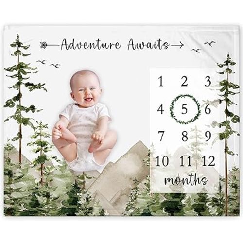 Yuzioey Adventure Awaits Milestone Blanket, Forest Mountain Baby Growth Chart Monthly Blanket, Watch Me Grow Mountain Tree Baby Nursery for New Moms Shower(50"x40")
