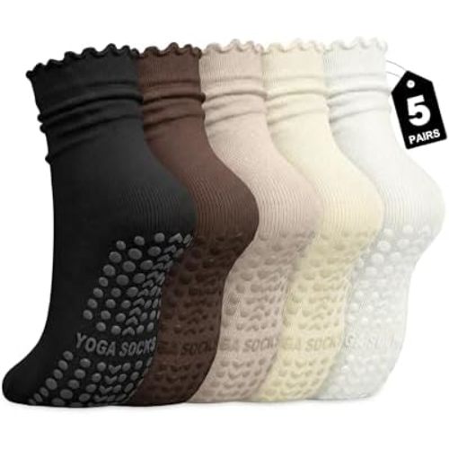 5 Pairs Pilates Socks with Grips for Women, Non Slip Cotton Ruffle Yoga Socks for Barre Workout Hospital