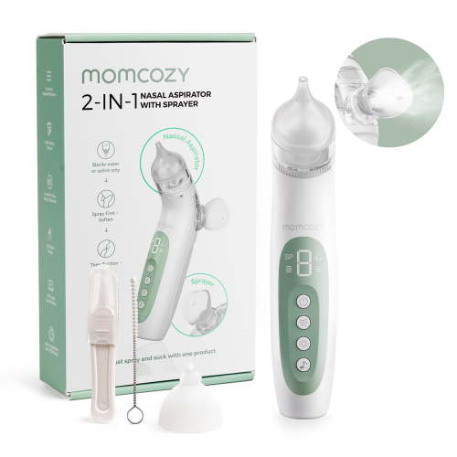 Momcozy SniffEase 2-in-1 Baby Nasal Aspirator – Gentle Misting & 65KPa Suction, BPA-Free, Quiet & Easy Clean, Portable with Light & Soothing Music