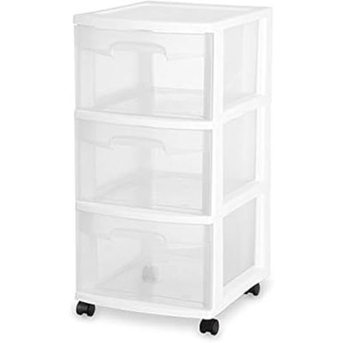 Sterilite 28308001K 3-Drawer Rolling Caster Wheel Home Organizer Storage Cart with Durable Plastic Frame, Clear Drawers, White