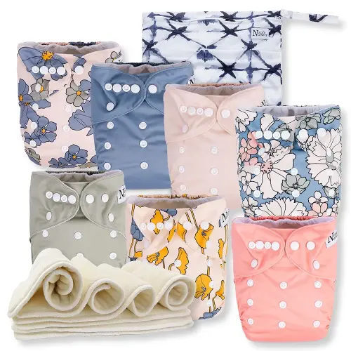 Nora's Nursery Cloth Diapers 7 Pack with 7 Inserts & 1 Wet Bag - Waterproof Cover, Washable, Reusable & One Size Adjustable Pocket Diapers for Newborns and Toddlers - Delilah