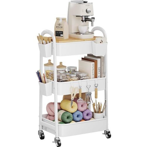 3 Tier Rolling Cart Metal with Wheels and Bamboo Table Top, Art Cart Organizer on Wheels, White Three Tiered Storage Utility Carts for Craft, Baby, Diaper Caddy,Coffee,Kitchen,Cleaning,Office Supplies