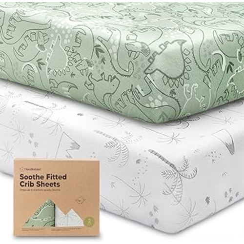 2-Pack Organic Crib Sheets for Boys, Girls - Jersey Fitted Crib Sheet, Baby Crib Sheets Neutral, Crib Mattress Sheet, Cotton Crib Sheets, Breathable Crib Sheet, Baby Mattress Sheets (DinoDood)