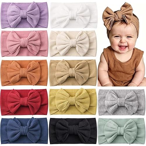 ALinmo 12PCS Baby Nylon Headbands Hairbands Hair Bow Elastics for Baby Girls Newborn Infant Toddlers Kids Mix Color