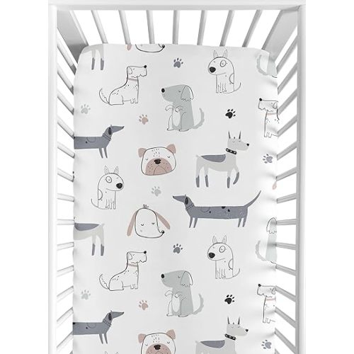 Sweet Jojo Designs Dog Boy Baby Fitted Crib Sheet Infant Newborn Nursery Toddler Bed Room Standard Mattress Neutral Grey Taupe Blue Modern Puppy Pet Watercolor Puppies Bulldog Wiener Doggy Paw Print
