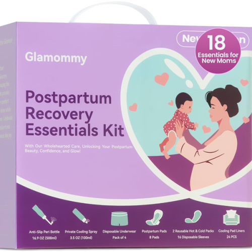 Glamommy Postpartum Recovery Essentials Kit for Women, Labor & Delivery Postpartum Care, Peri Bottle, Cooling Spray, Disposable Postpartum Underwears, Postpartum Pads, Hot&Cold Packs, Soothing Liners