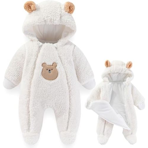 Fairy Baby Newborn Baby Winter Snowsuit Bear Thick Romper Footie Double Zip Hooded Jumpsuit Fleece Coat Infant Boy Girl 0-12M