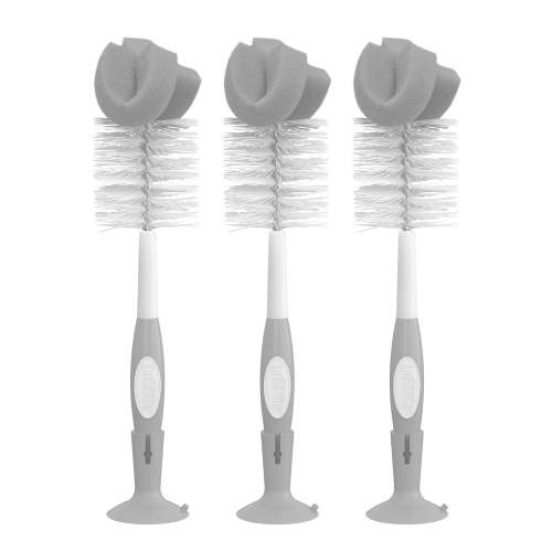 Dr. Brown's Reusable Sponge Baby Bottle Cleaning Brush Set with Suction Cup Stand, Scrubber and Nipple Cleaner, Grey, 3 Pack