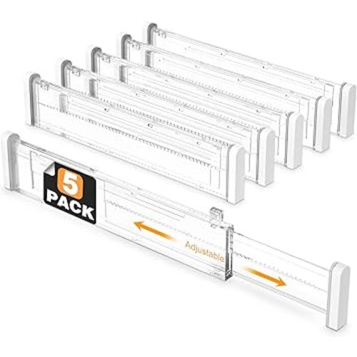 HiYZ Adjustable Drawer Dividers - Expandable 12.6''-22.8'' Kitchen Drawer Organizers Separators for Utensils, Tools, Clothing, Socks, Dresser, Easy Assemble, Secure Fit - 5 Long Dividers