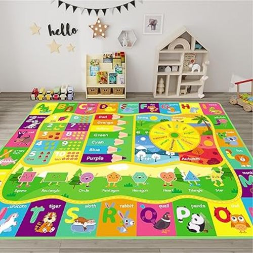 Kids Play Rug, Cute Educational Kids Rug for Playroom, Non Slip Kids Classroom Rug for Learning ABC Animal, Number, Month, Shape and Color, Playmat for Nursery Baby (3.3 x 5 feet)