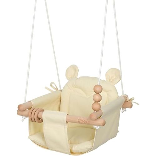 Monkey & Mouse Baby Swing, Pale Yellow Indoor Outdoor Portable Hanging Chair, Infant & Toddler Kids 12 Months - 4 Years, Cotton Canvas & Beech Wood Frame, Sensory Hammock Boy & Girl Seat w/Wooden Toys