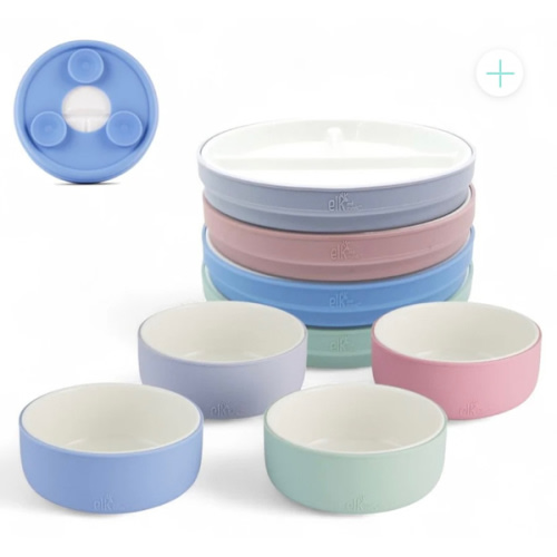 Kids Porcelain Mealtime Bundle | Suction Sleeves | 6.7" Plates + Bowls | 8 Pcs | Blush/Lilac/Sage/Misty Blue