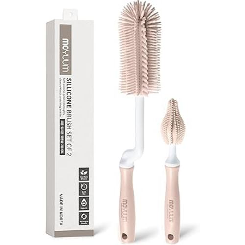 Moyuum Silicone Baby Bottle and Nipple Brush Set | Made in Korea, 360 Degree Rotating Handle, Soft Bristles, Hanging Hole for Quick Drying and Storage, Dishwasher Safe (Coral Beige)