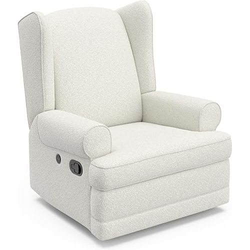 Storkcraft Serenity Wingback Glider with USB Charging Port (Ivory Boucle) - Reclining Nursery Rocking Chair with 360° Swivel Base, Elegant Design for Comfort & Relaxation
