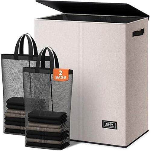 SOLEDI Large Double Laundry Hamper with Lid, Collapsible Clothes Hamper 2 section with Removable Bags, Space-Saving Laundry Basket for Bedroom, Dorm, College