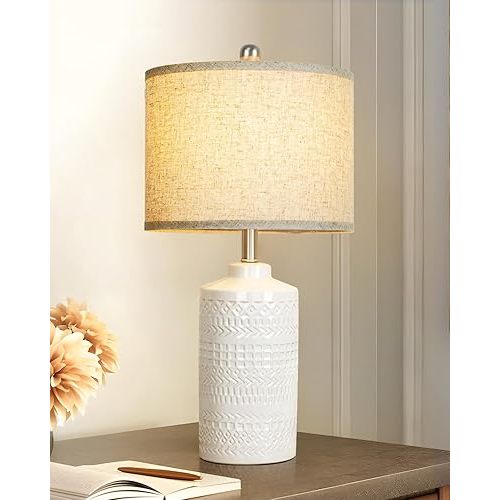 White Ceramic Table Lamp with Beige Shade: 3-Way Dimmable Night Stand Light Lamp 24.5" Modern Table Lamps for Living Room Bedroom End Table Office Entryway Lamps (Bulb Included