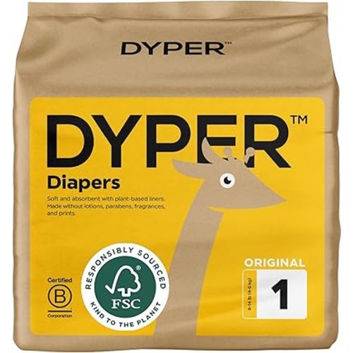 DYPER Hypoallergenic Baby Diapers, Size 1, Day & Overnight, Made with Plant-Based Materials, Honest Ingredients, Cloth Alternative