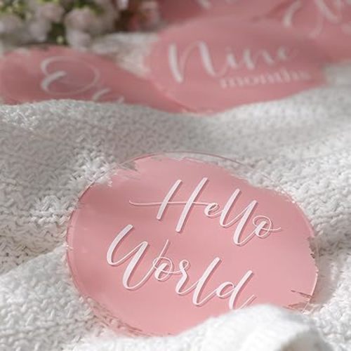 UNIQOOO 13Pcs Pink Baby Monthly Milestone Marker Discs Handmade-Style Printed|Acrylic Milestone Cards for Baby Announcement | Gender-Neutral Gift for Newborn Boy and Girl, Baby First Year Photo Props