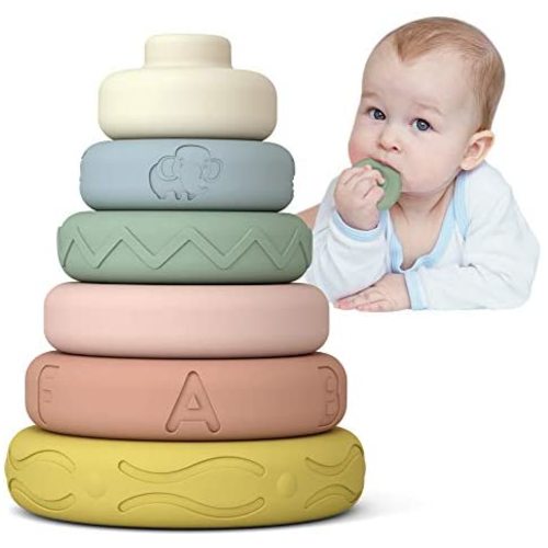 Mini Tudou 6 PCS Baby Stacking & Nesting Toys, Soft Stacking Blocks Ring Stacker, Baby Montessori Sensory Toys with Letter, Animal and Shape, Early Learning Toys for Babies Toddlers Kids 6 Months