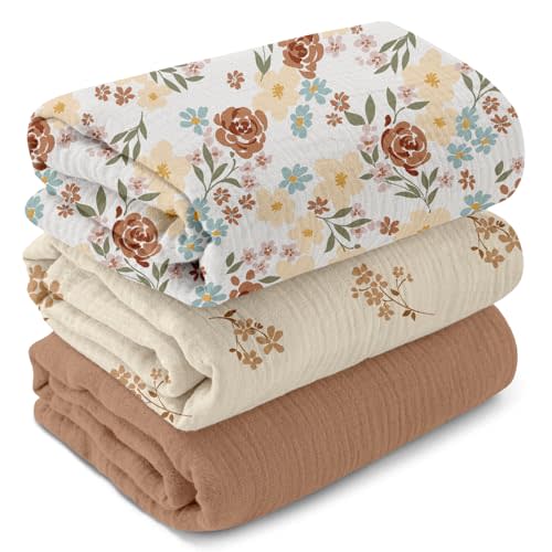 Muslin Swaddle Blankets for Newborn, 3 Pack Breathable Soft Receiving Blanket, Large 38 x 40 inches Swaddle Wrap Burping Clothes, Essentials Infant Shower Items, Toddler Gift (Rustic Floral)