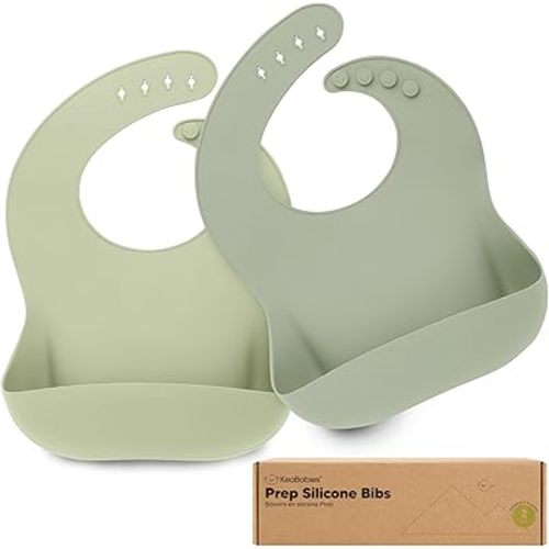 KeaBabies 2-Pack Silicone Baby Bibs for Eating - Sturdy Food-Grade Silicone Bibs for Babies Girl, Boy, Large Food Catcher, Clean & Put On Easily, Waterproof Toddler Feeding Essentials (Sage)