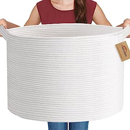 White Rope Storage Baskets, 22" X 22" X 14" Extra Large Blanket Basket Living Room, Soft Cotton Rope Basket, Toy Basket, XXXL Baskets for Organizing, Wicker Woven Baby Laundry Basket Hamper