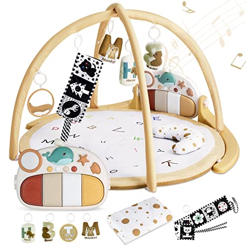 ANGELBLISS Baby Play Gym Mat, Kick Tummy Time Baby Activity Gym & Play Mat with 5 Toys, 1 Detachable Piano, Tent Cover & Pillow, Boy & Girl Gifts for Newborn to Toddler