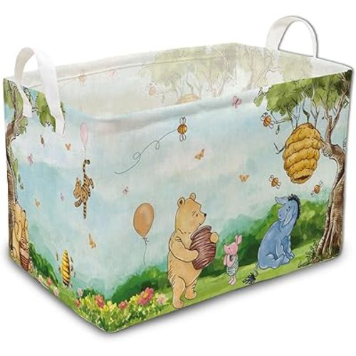 the Pooh Nursery Hampers with Handles, Classic Winnie Baby Stuff Storage Basket, Winnie Baby Nursery Hamper Decor, Foldable and Waterproof for Bathroom and Bedroom Clothes,Toys Bin